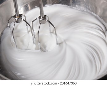 Mixing White Egg Cream In Bowl With Motor Mixer, Baking Cake