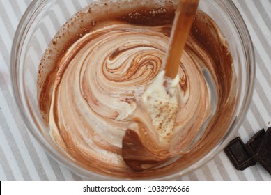 Mixing With Wooden Spoon Butter Dough In Glass Bowl. Cooking Chocolate Pie.