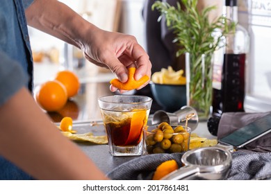 Mixologist Making Refreshing Cocktail With Vermouth At Home