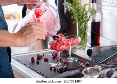 Mixologist Making Refreshing Slushy Or Slushie Cocktail At Home