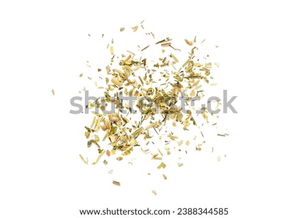 Mixture of dried Provencal herbs isolated on a white background, top view. Pile of natural dried Provencal herbs, top view. Heap of dried Provencal herbs isolated on a white background.