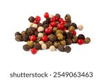 Mixture of dry round hot red pepper, black pepper, white pepper, green pepper, on the white background