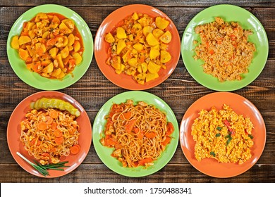 A mixture of many cereals. Assorted different types of dishes on a plate. Designer layout. A plate on a shabby old board. Collage of several photos. All menus in one picture. Mockup.