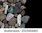 Mixture of mine, mining ores, commodities, metals, coal. Background concept, texture, rocks, with copy space. Variety, mixed, many, multi-colored, colorful. Bear, bull market.