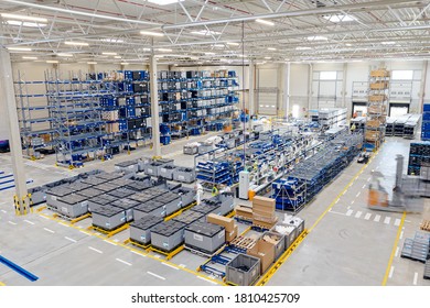 Mlada Boleslav, Czech Republic - July 21 2020: SAS Interior modules a Faurecia company plant, middle console assembly line for SKODA AUTO with warehouse from above