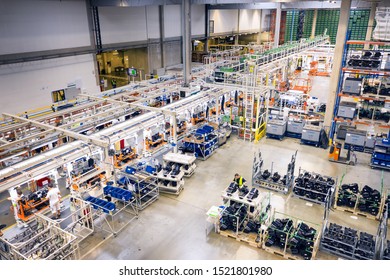 Mlada Boleslav, Czech Republic - September 30 2019: SAS Automotive Systems plant, cockpit assembly line for SKODA AUTO from above