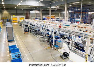 Mlada Boleslav, Czech Republic - September 30 2019: SAS Automotive Systems plant, cockpit assembly line for SKODA AUTO from above
