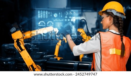 MLB Advanced robot arm system for digital industry and factory robotic technology. Automation manufacturing robot controlled by industry engineering using IOT software connected to internet network.