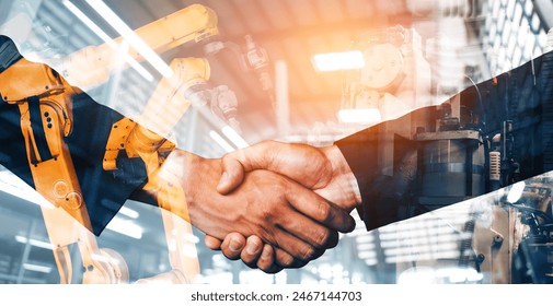 MLB Mechanized industry robot arm and business handshake double exposure. Concept of successful agreement of artificial intelligence for industrial revolution and automation process in future factory. - Powered by Shutterstock