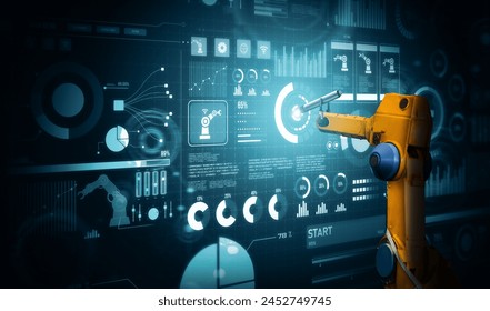 MLB Robot arm AI analyzing mathematics for mechanized industry problem solving. Concept of robotics technology and machine learning for automated manufacturing process.