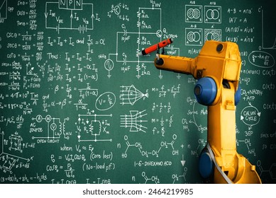 MLB Robot arm AI analyzing mathematics for mechanized industry problem solving. Concept of robotics technology and machine learning for automated manufacturing process.