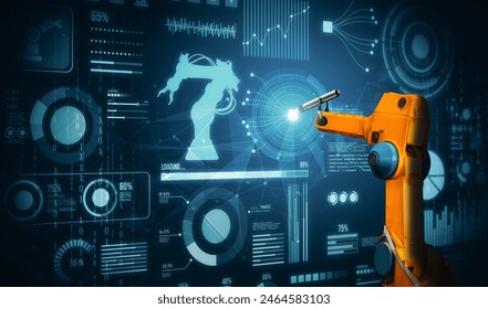 MLB Robot arm AI analyzing mathematics for mechanized industry problem solving. Concept of robotics technology and machine learning for automated manufacturing process.