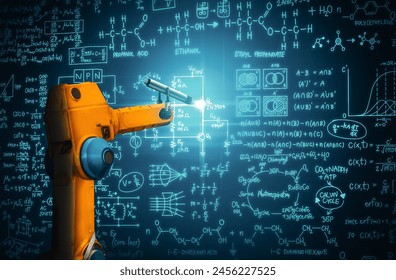MLP Robot arm AI analyzing mathematics for mechanized industry problem solving. Concept of robotics technology and machine learning for automated manufacturing process.