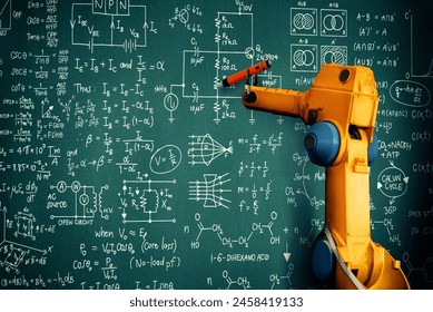 MLP Robot arm AI analyzing mathematics for mechanized industry problem solving. Concept of robotics technology and machine learning for automated manufacturing process.