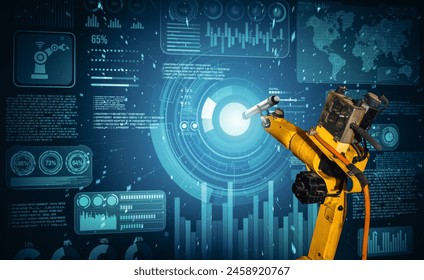 MLP Robot arm AI analyzing mathematics for mechanized industry problem solving. Concept of robotics technology and machine learning for automated manufacturing process.