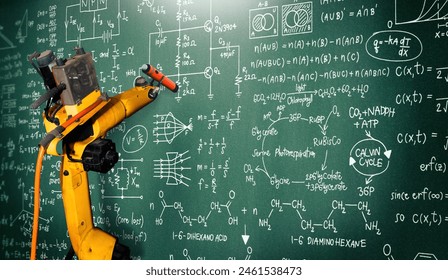 MLP Robot arm AI analyzing mathematics for mechanized industry problem solving. Concept of robotics technology and machine learning for automated manufacturing process.