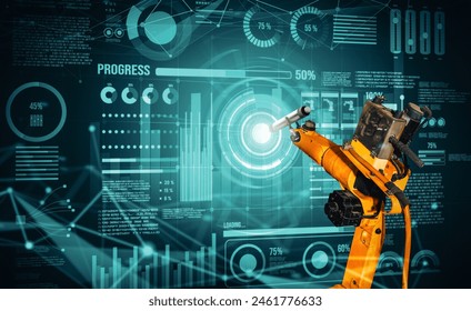 MLP Robot arm AI analyzing mathematics for mechanized industry problem solving. Concept of robotics technology and machine learning for automated manufacturing process.