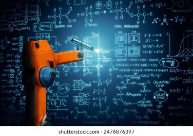 MLP Robot arm AI analyzing mathematics for mechanized industry problem solving. Concept of robotics technology and machine learning for automated manufacturing process.