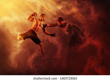 MMA boxers fighters fight in fights without rules.  Red smoke background 