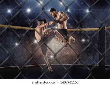 Los boxeadores de MMA luchan en peleas sin reglas en los octagones de anillo