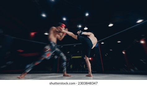MMA Boxers fighters in fights without rules in ring octagon, motion blur, dark background banner.