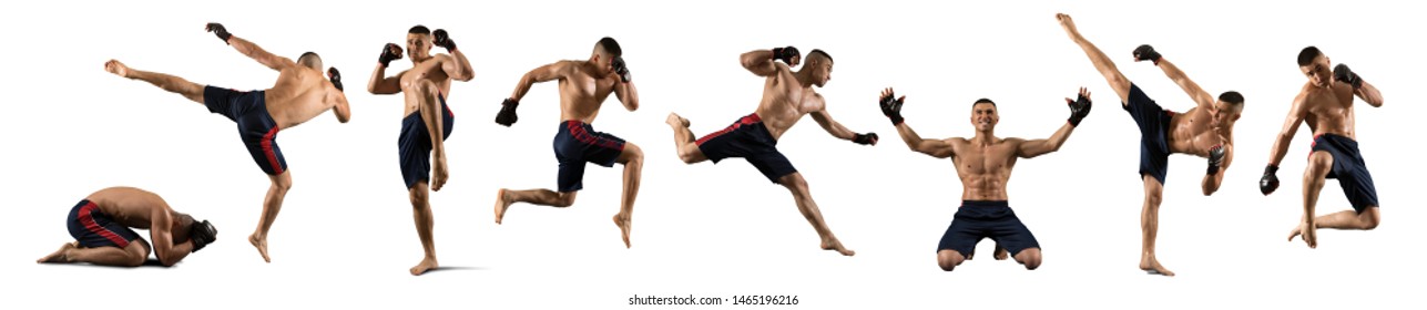 MMA collage. Martial arts fighter (MMA) isolated on white background