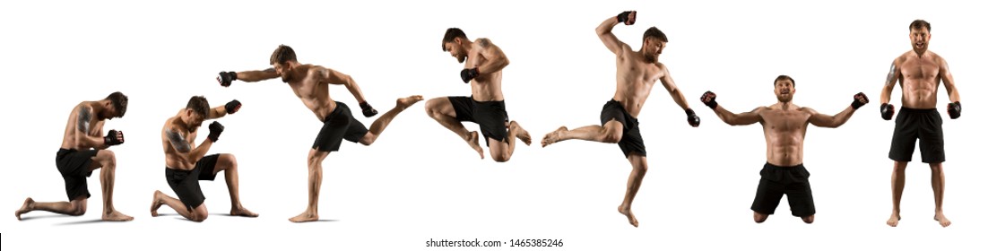 MMA collage. Martial arts fighter (MMA) isolated on white background