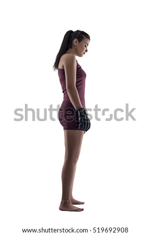 mma female fighter standding on white background