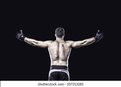 MMA Fighter Celebrates Victory, Behind View, Isolated