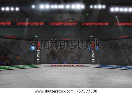 mma fighting stage side view under lights 3d rendering