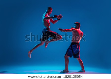 MMA. Two professional fighters punching or boxing isolated on blue studio background in neon. Fit muscular caucasian athletes or boxers fighting. Sport, competition and human emotions, ad.