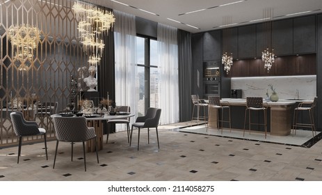 Mmodern kitchen living room design. 3D render. Interior visualization. Illustration. - Shutterstock ID 2114058275