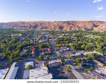 Moab city center and historic buildings aerial view in summer, Utah, USA.