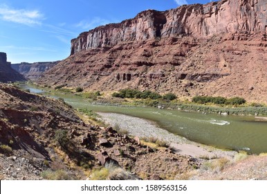 Moab Panorama views of Colorado River Highway UT 128  in Utah around  Hal and Jackass canyon and Red Cliffs Lodge on a Sunny morning in fall. Scenic nature near Canyonlands and Arches  National Park,  - Shutterstock ID 1589563156