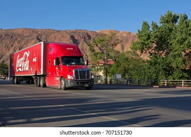 Moab, USA - August 16, 2017: Streetview Moab With Truck Coca Cola In The USA