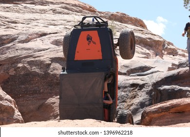 Moab , Utah,USA,April,23,2019:A Buggy Trying To Go Up The Widow Maker Obstacle On The Metal Masher Off Road Extreme Jeep Trail.