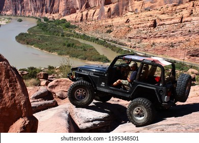 Moab,Utah,USA,September17,2018:black Rubicon Jeep On Moab Rim Off Road 4x4 Jeep Trail.