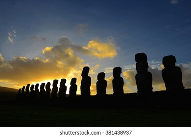 Silhouette Huge Moai Statues Ahu Tongariki Stock Photo (Edit Now ...