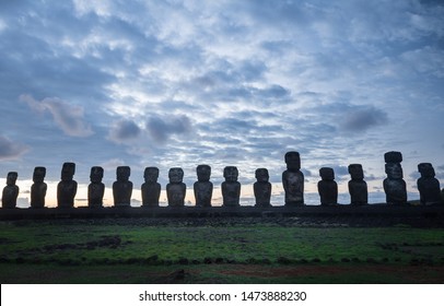 Moai In Easter Island Night Broken Sky Cloudy Sunset