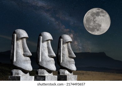 The Moai On The Easter Island. Night Landscape With Moon. Concept Idea