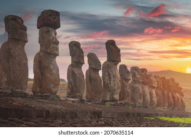 Moai Statues On Easter Island. Chile.