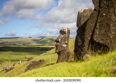 Moai stone sculptures at Rano Raraku, Easter island, Chile. - Shutterstock ID 2033039090