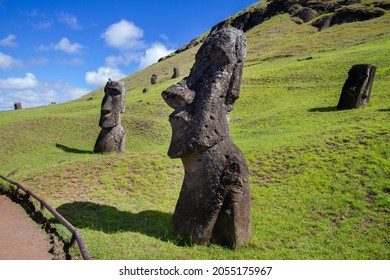 Moai stone sculptures at Rano Raraku, Easter island, Chile. - Shutterstock ID 2055175967