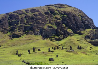 Moai stone sculptures at Rano Raraku, Easter island, Chile. - Shutterstock ID 2091976666