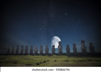 Moais At Ahu Tongariki (Easter Island, Chile). Night Shining Moon And Stars