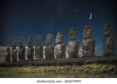 Moais At Ahu Tongariki (Easter Island, Chile). Night Shining Moon And Stars