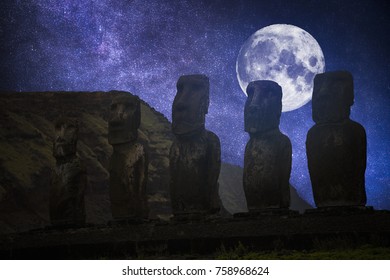 Moais At Ahu Tongariki (Easter Island, Chile). Night, The Starry Sky And The Moon Shine.