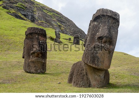 Moais at Rano Raraku volcano's slopes at Easter Island, Valparaiso, Chile.