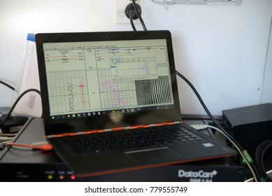 MOANA, NEW ZEALAND, OCTOBER 27, 2017: A Laptop Screen Displays The Data While Logging An Abandoned Oil Well. 