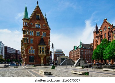 The moated castle in the warehouse district of Hamburg - Shutterstock ID 2166675367